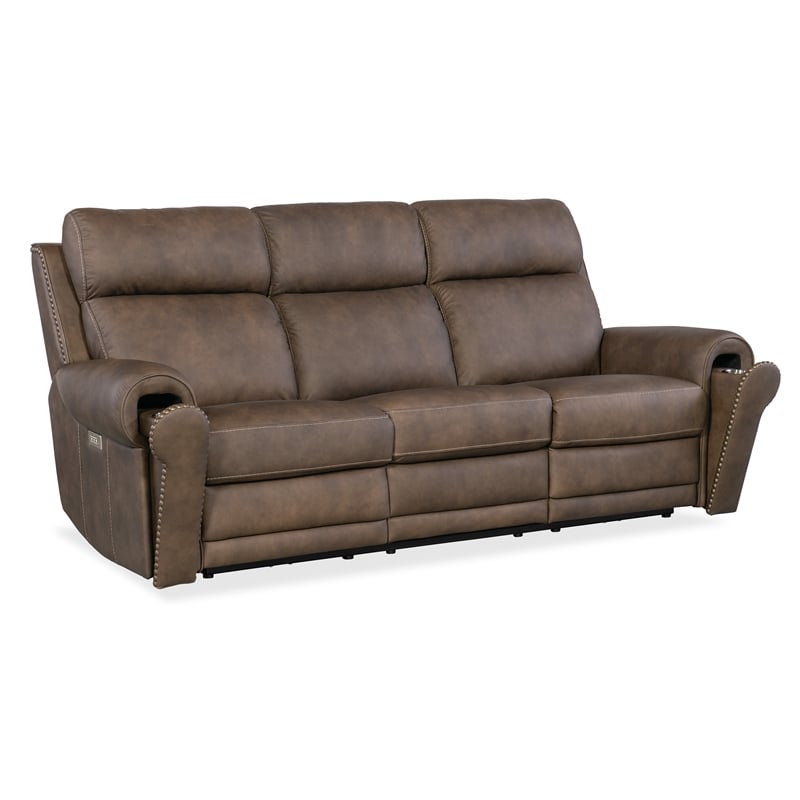 Beaumont Lane Power Leather Sofa w/ Power Headrest and Lumbar in Brown