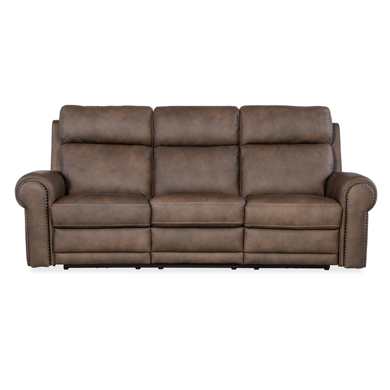 Beaumont Lane Power Leather Sofa w/ Power Headrest and Lumbar in Brown