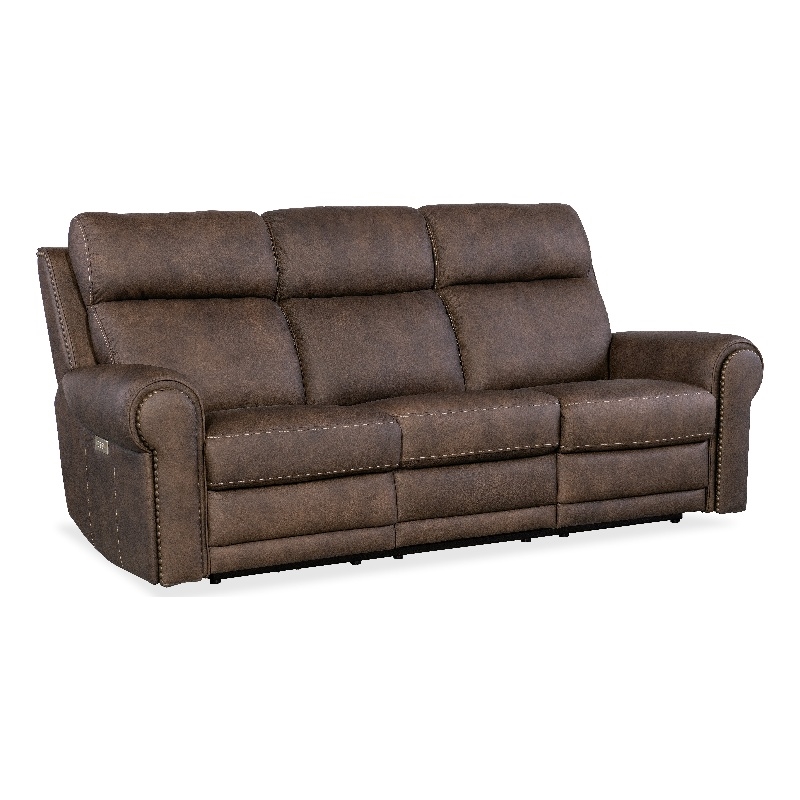 Beaumont Lane Power Leather Sofa w/ Power Headrest and Lumbar in Brown