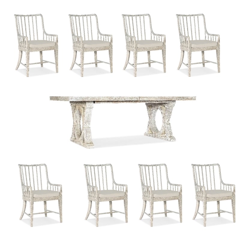 Beaumont Lane Set of 9 Rectangle Dining Table with 2 Leaves & Spindle Arm Chairs