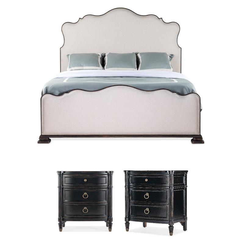 Beaumont Lane King Upholstered Bed and 2 Nightstands in Black Cherry