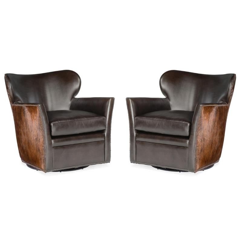 Beaumont Lane Set of 2 Brown Leather Swivel Chairs with Hair on Hide Back