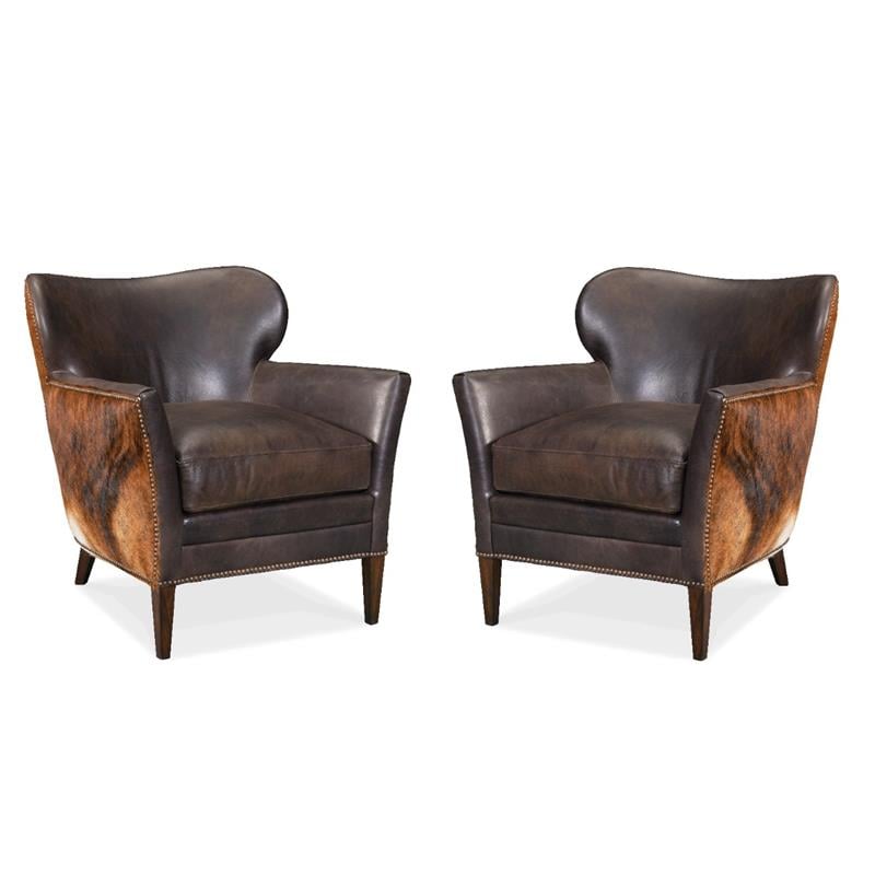 Beaumont Lane Set of 2 Leather Club Chairs in Dark Brown with Nailhead Trim