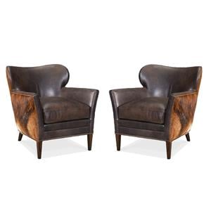 Beaumont Lane Set of 2 Leather Club Chairs in Dark Brown with Nailhead Trim