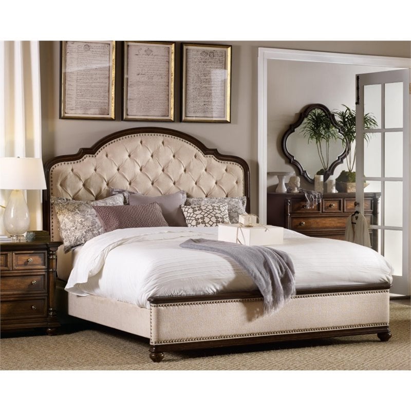 Beaumont Lane Set of Mahogany 2 Nightstands & Tufted King Bed