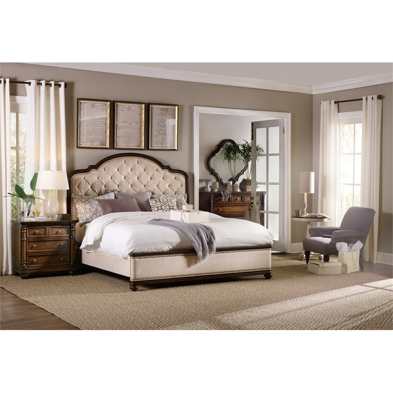 Beaumont Lane Set of Mahogany 2 Nightstands & Tufted King Bed