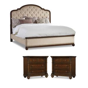 Beaumont Lane Set of Mahogany 2 Nightstands & Tufted King Bed