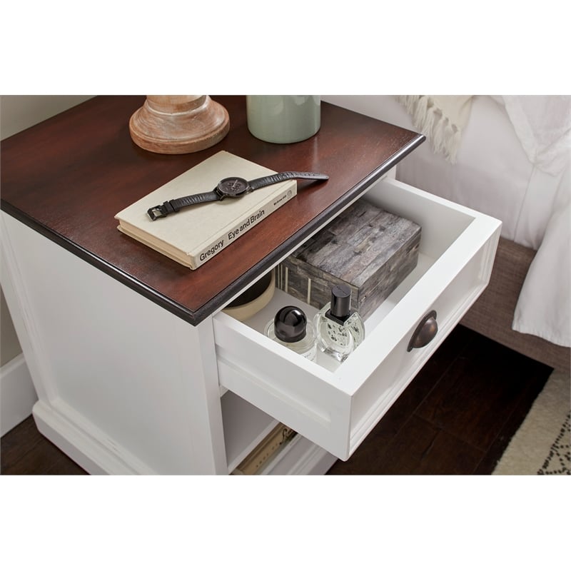 Beaumont Lane Mahogany Bedside Table with Shelves in White Distress & Deep Brown