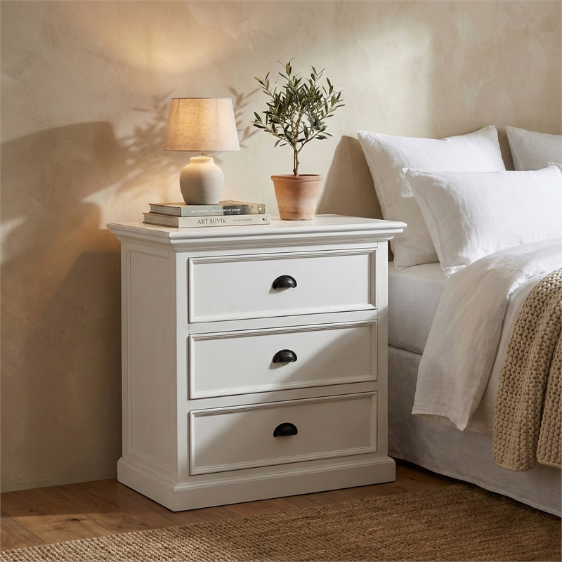 Beaumont Lane Mahogany Wood Bedside 3 Drawer Unit in Classic White