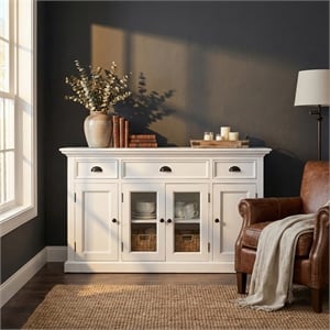 Beaumont Lane Mahogany Wood Buffet with 4 Doors 3 Drawers in White