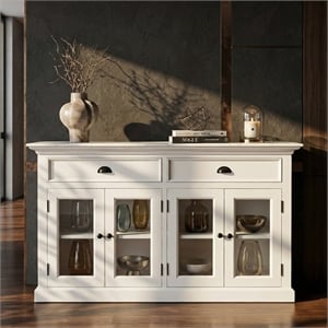 Beaumont Lane Mahogany Wood Buffet with Glass Doors and 2 Drawers in White