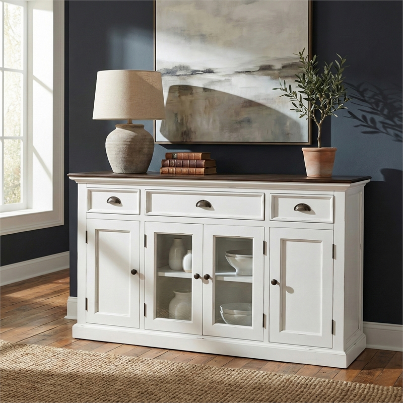 Beaumont Lane Solid Wood Buffet with 4 Doors 3 Drawers in White and Brown