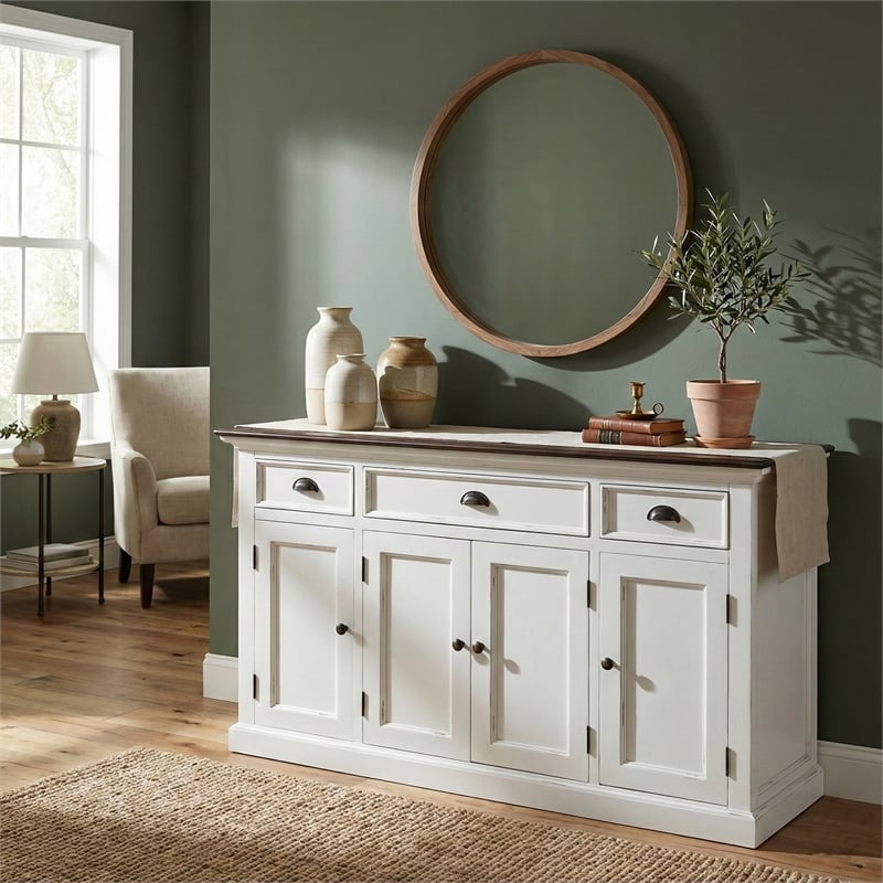 Beaumont Lane Solid Wood Buffet with 4 Doors 3 Drawers in White and Brown