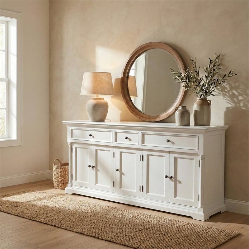 Beaumont Lane Solid Wood Buffet with 5 Doors 3 Drawers in White