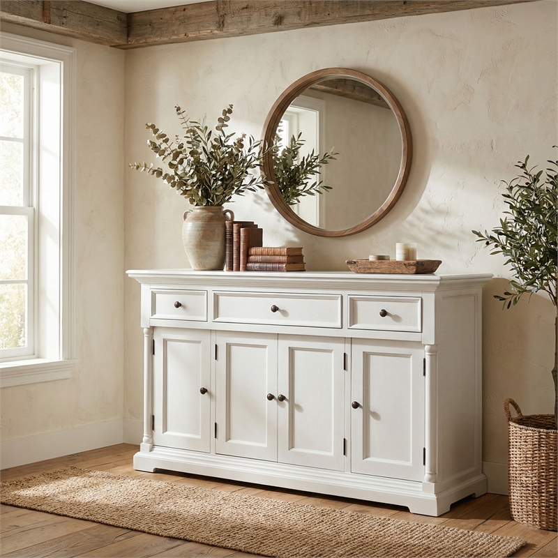 Beaumont Lane Solid Wood Buffet with 4 Doors 3 Drawers in White