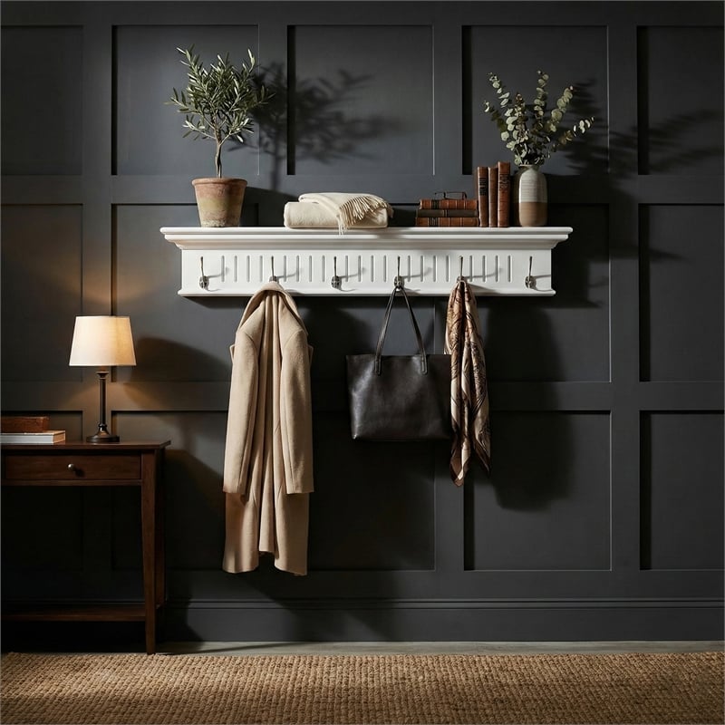 Beaumont Lane 6 Hook Grooved Solid Mahogany Coat Rack in Pure White