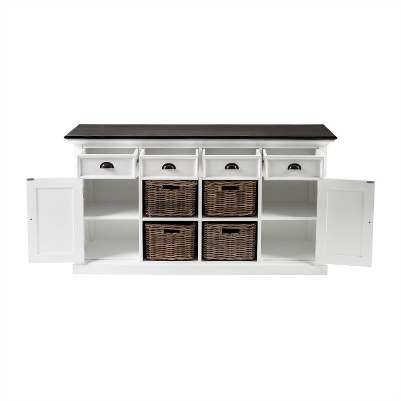 Beaumont Lane Mahogany Wood Buffet with 4 Kubu Rattan Baskets in White