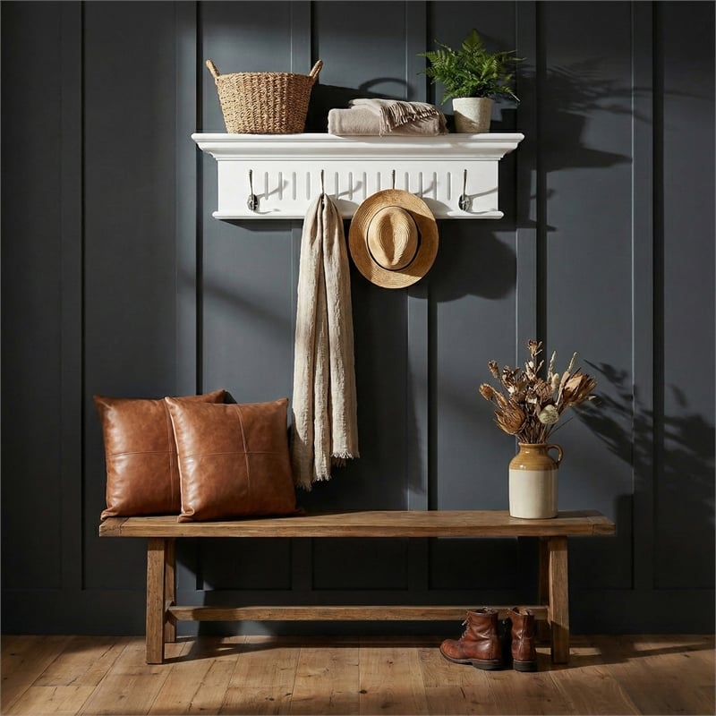Beaumont Lane 4 Hook Grooved Solid Mahogany Coat Rack in Pure White