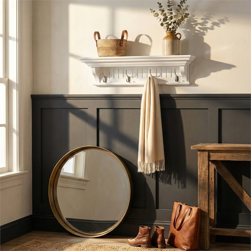 Beaumont Lane 4 Hook Grooved Solid Mahogany Coat Rack in Pure White