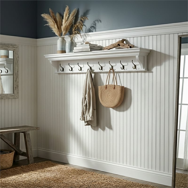 Beaumont Lane Mahogany Wood 8 Hook Coat Rack 130 cm in White