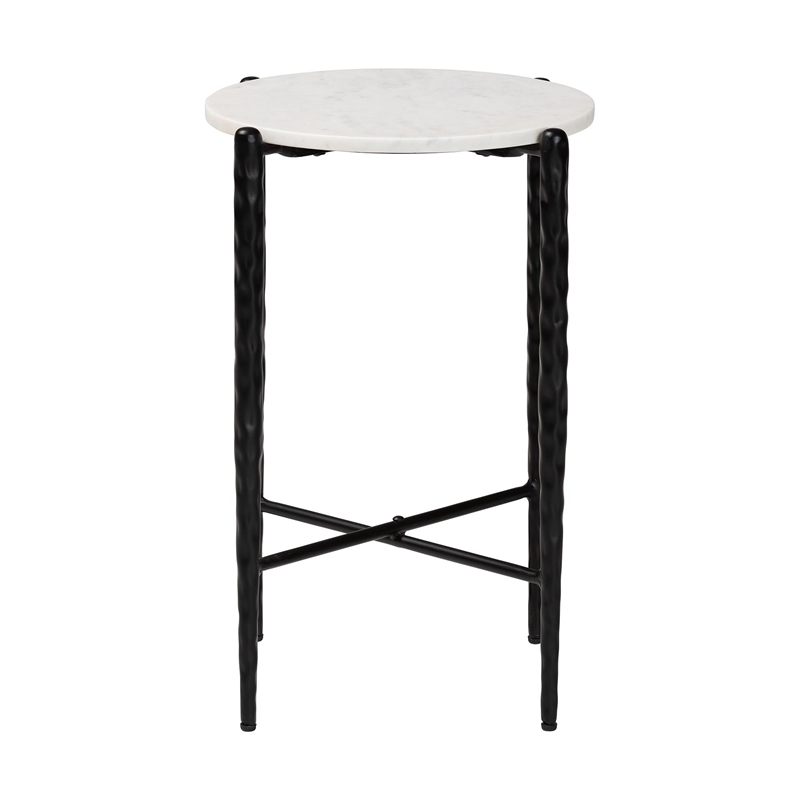 Beaumont Lane Round Marble Side Table Hand-Forged Metal Crisscross Base