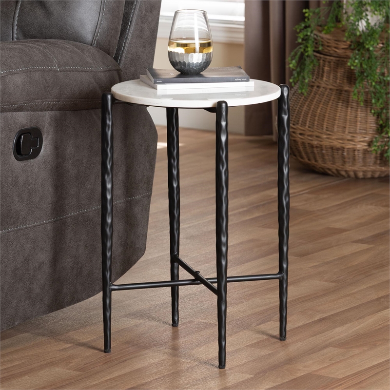 Beaumont Lane Round Marble Side Table Hand-Forged Metal Crisscross Base
