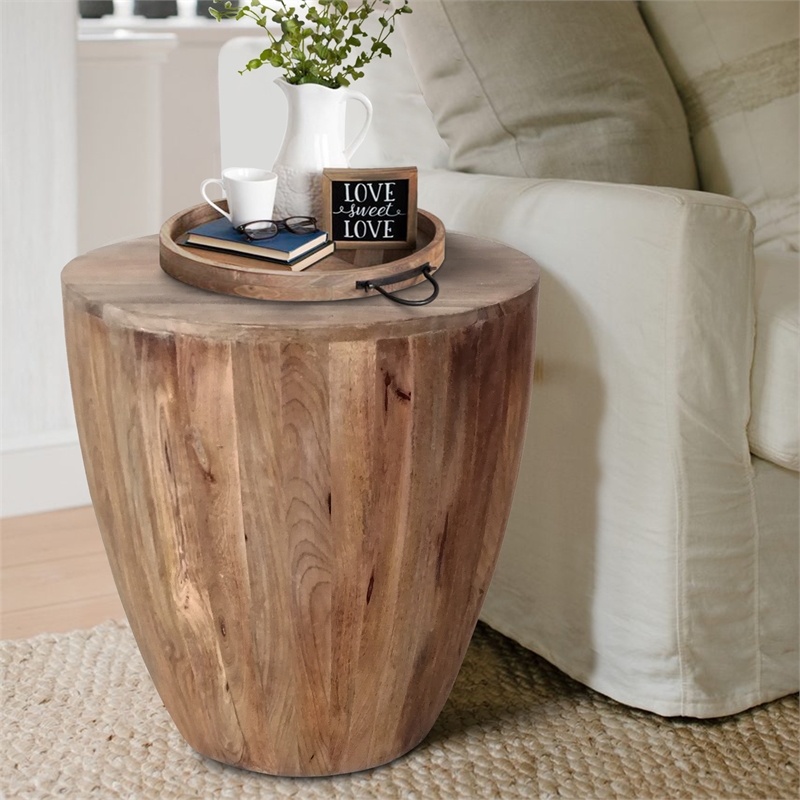 Beaumont Lane Handcarved Cylindrical Round Mango Wood Distressed End Table