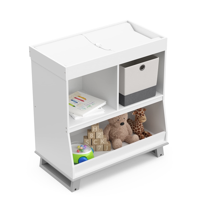 Stork Craft USA Wood Changing Table with Storage and Topper in White/Gray