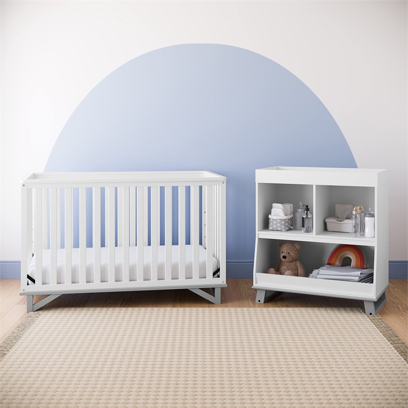 Stork Craft USA Wood Changing Table with Storage and Topper in White/Gray