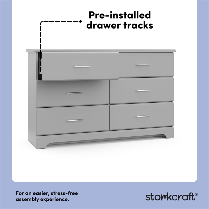Stork Craft USA Brookside 6-Drawer Engineered Wood Double Dresser in Pebble Gray