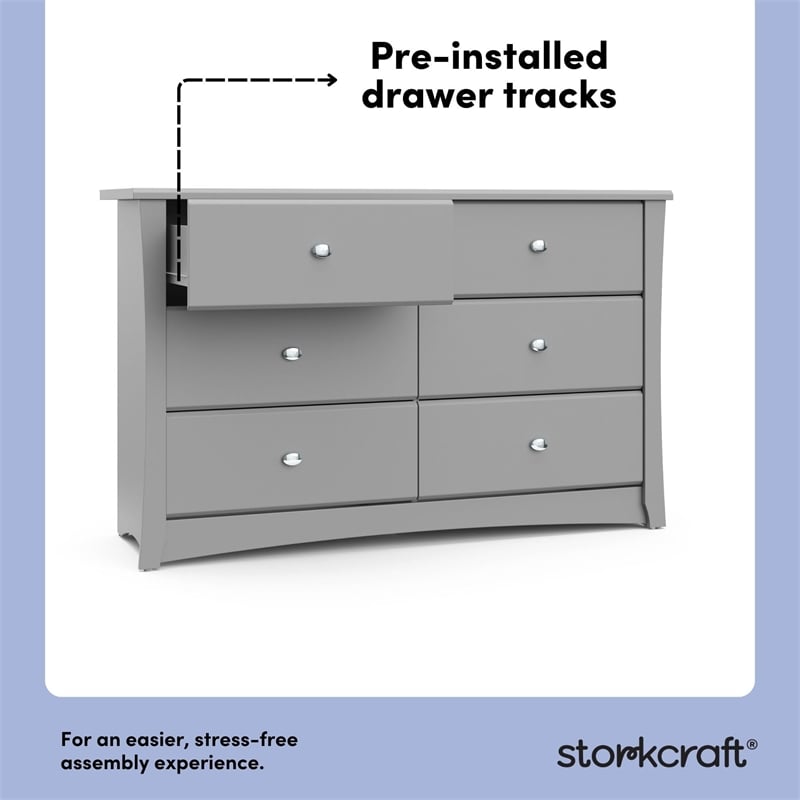 Stork Craft USA Crescent 6-Drawer Engineered Wood Double Dresser in Pebble Gray