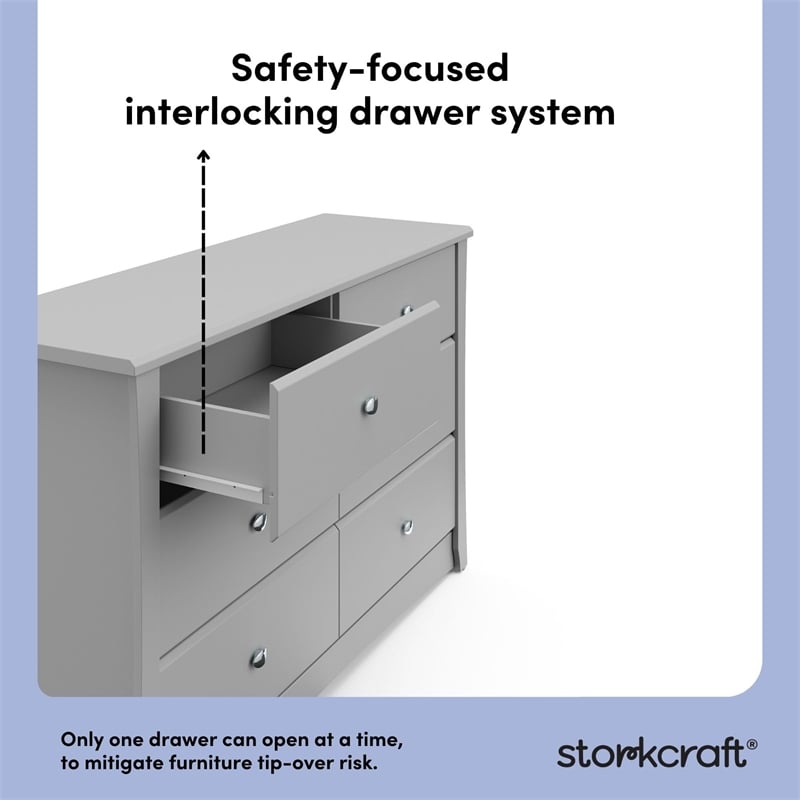 Stork Craft USA Crescent 6-Drawer Engineered Wood Double Dresser in Pebble Gray