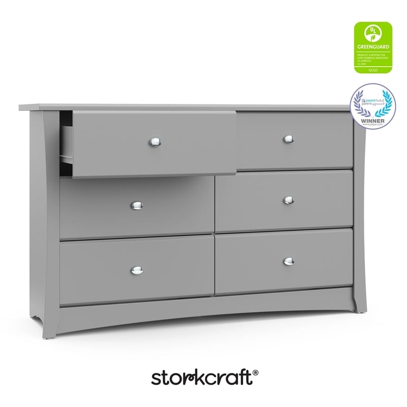 Stork Craft USA Crescent 6-Drawer Engineered Wood Double Dresser in Pebble Gray