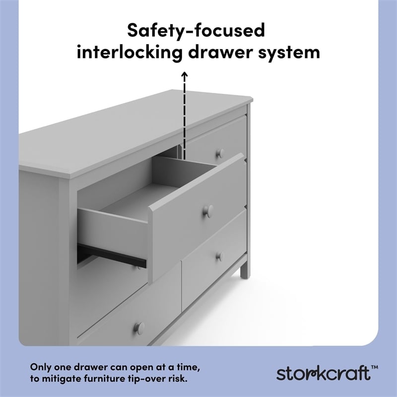 Stork Craft USA Alpine 6-Drawer Engineered Wood Double Dresser in Pebble Gray