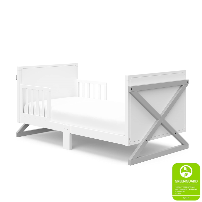 Stork Craft USA Equinox Wood Toddler Bed with Guardrails in White/Gray