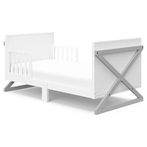 stork craft usa equinox wood toddler bed with guardrails in white/gray