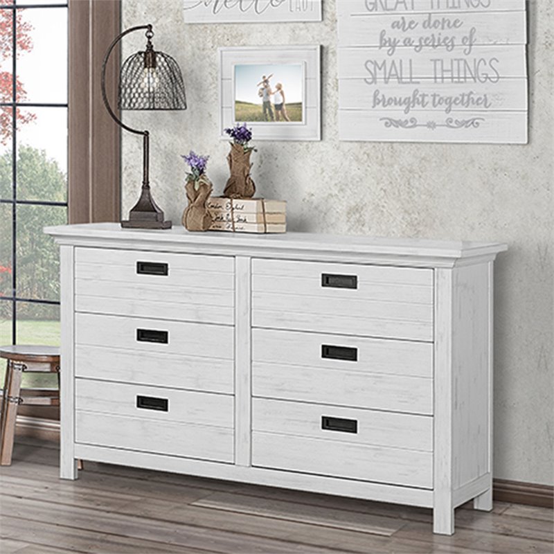 Evolur Waverly 6 Drawer Baby Double Dresser in Weathered White Cymax