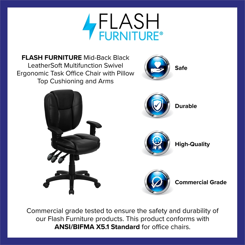 Scranton & Co Leather Mid-Back Ergonomic Office Chair with Arms in Black