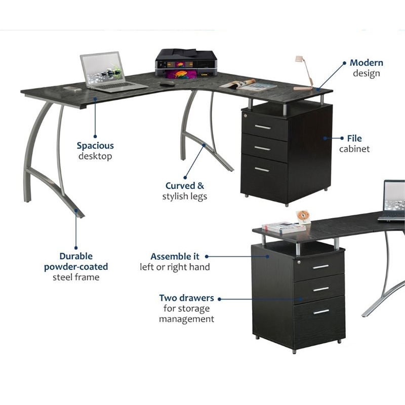 Scranton & Co Modern Wood L-Shaped Corner Desk with File Cabinet in Espresso