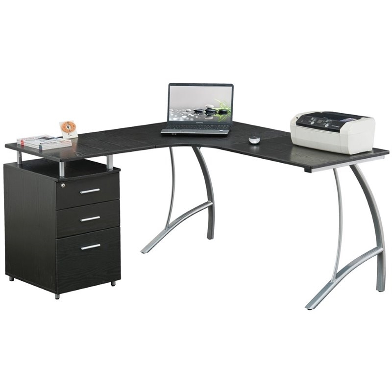 Scranton & Co Modern Wood L-Shaped Corner Desk with File Cabinet in Espresso