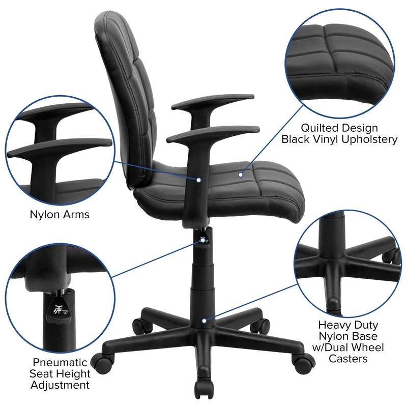 Scranton & Co Vinyl Quilted/Nylon Mid-Back Office Chair with Arms in Black