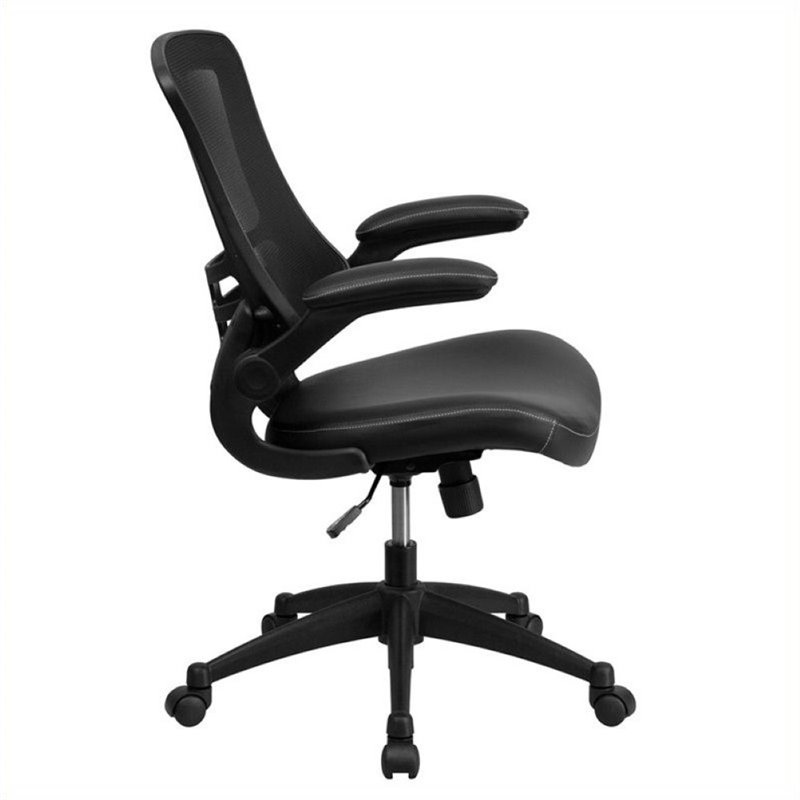 Scranton & Co Mid-Back Mesh Office Chair with Leather Seat in Black