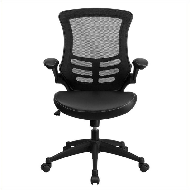 Scranton & Co Mid-Back Mesh Office Chair with Leather Seat in Black