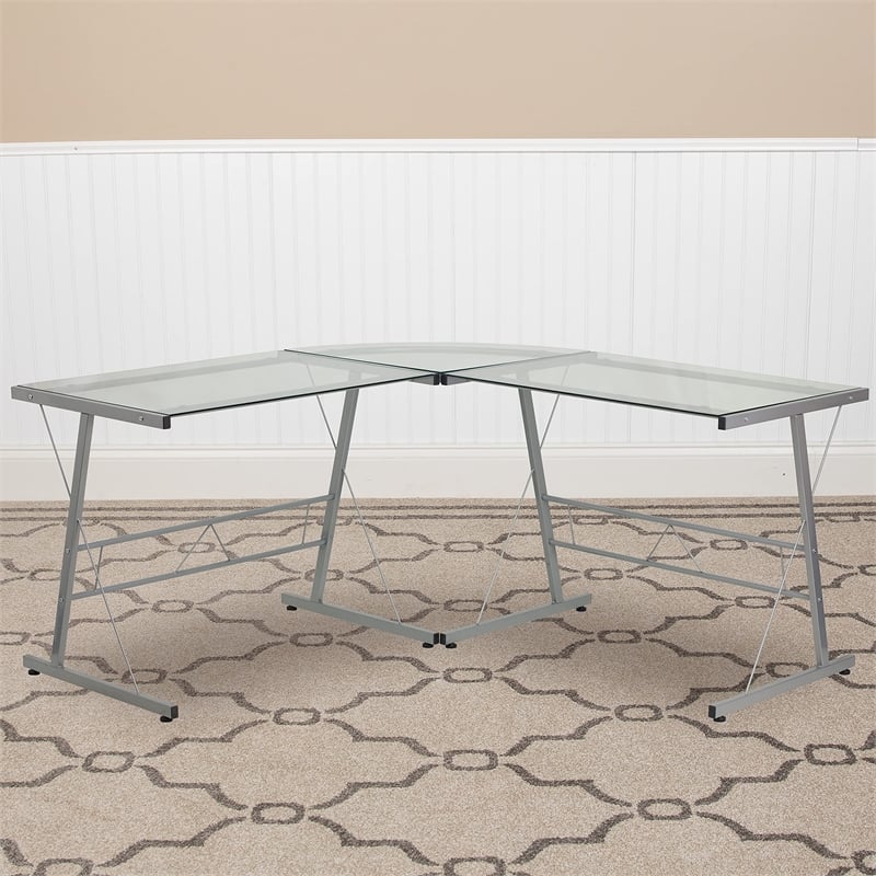 Scranton & Co Glass Top L-Shaped Computer Desk in Silver