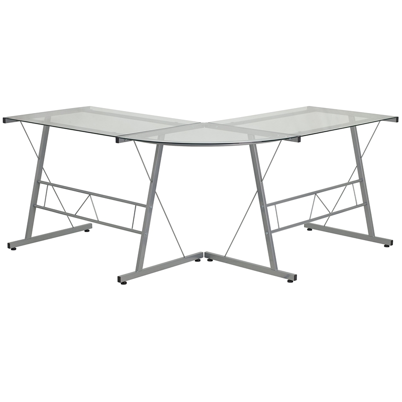 Scranton & Co Glass Top L-Shaped Computer Desk in Silver