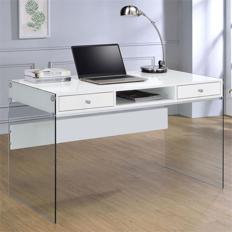 Scranton & Co Contemporary Wood/Glass Computer Desk in Glossy White