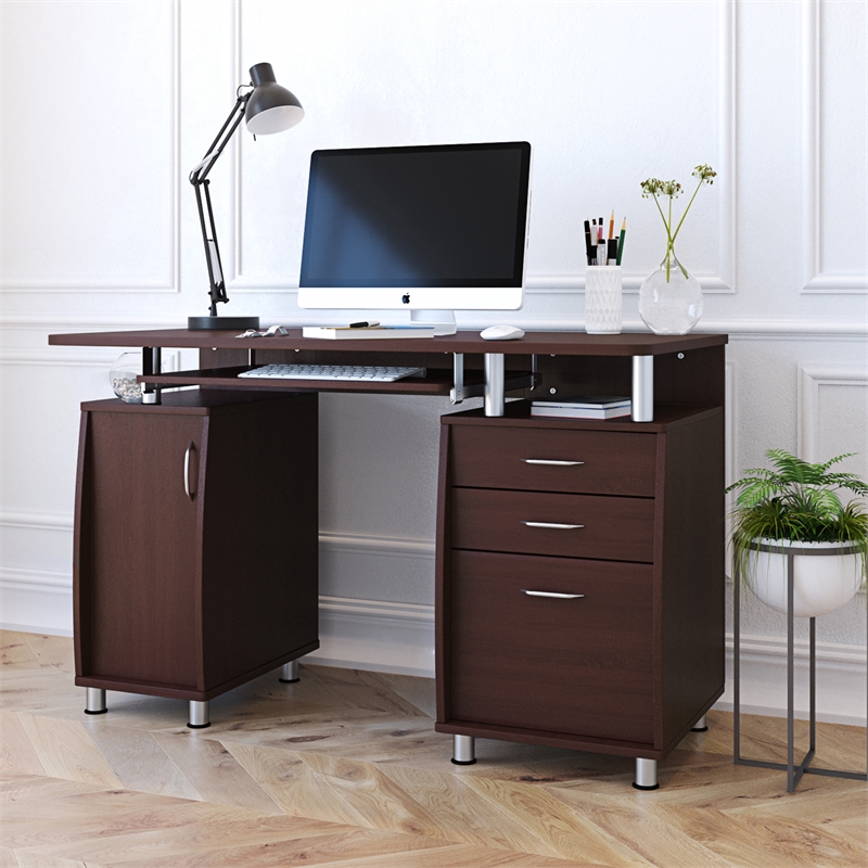 Scranton & Co Transitional Wood Computer Office Desk with Storage in Chocolate