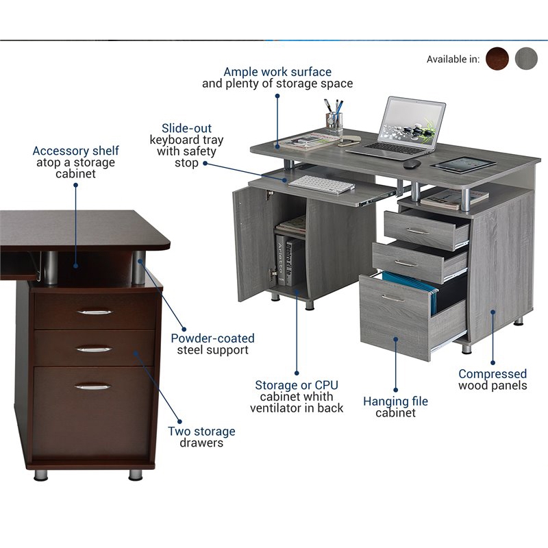 Scranton & Co Transitional Wood Computer Office Desk with Storage in Chocolate