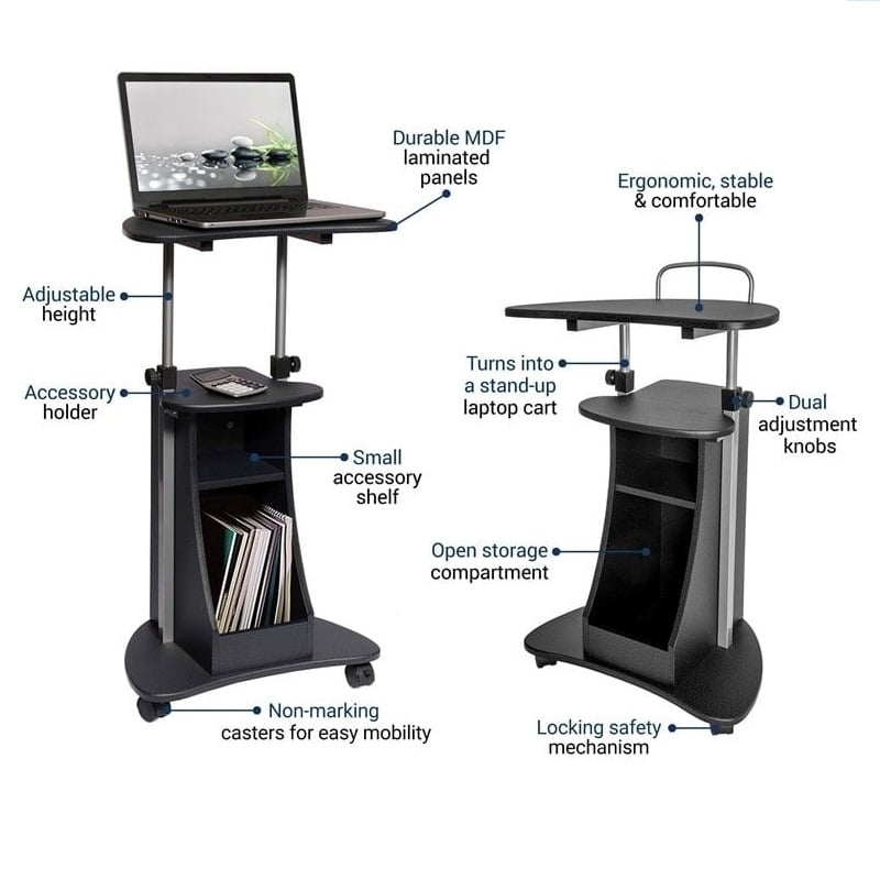 Scranton & Co Sit-to-Stand Rolling Laptop Cart with Storage in Graphite