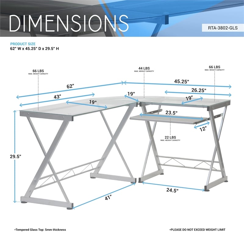 Scranton & Co Modern Glass/Steel L-Shape Computer Desk in Clear
